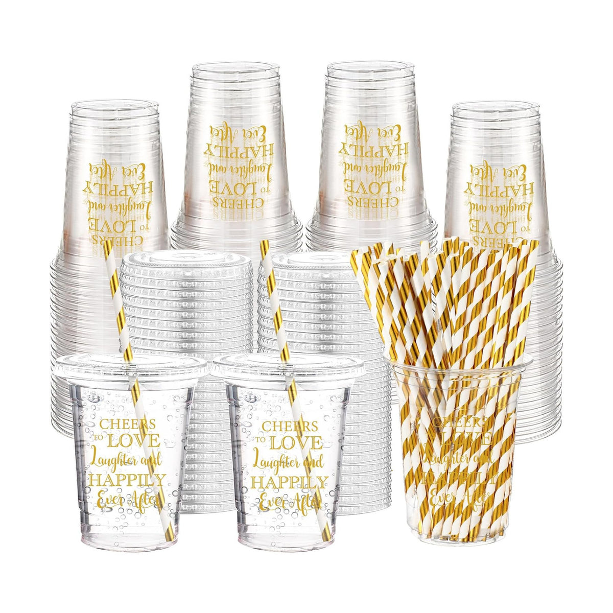 Funnymoom 50 Sets Wedding Plastic Cups with Lid and Straw Cheers to Love 16 oz Disposable Cup Clear Cold Beverage Drinking Glasses Bulk for Wedding Reception Bridal Shower Engagement Party Decoration