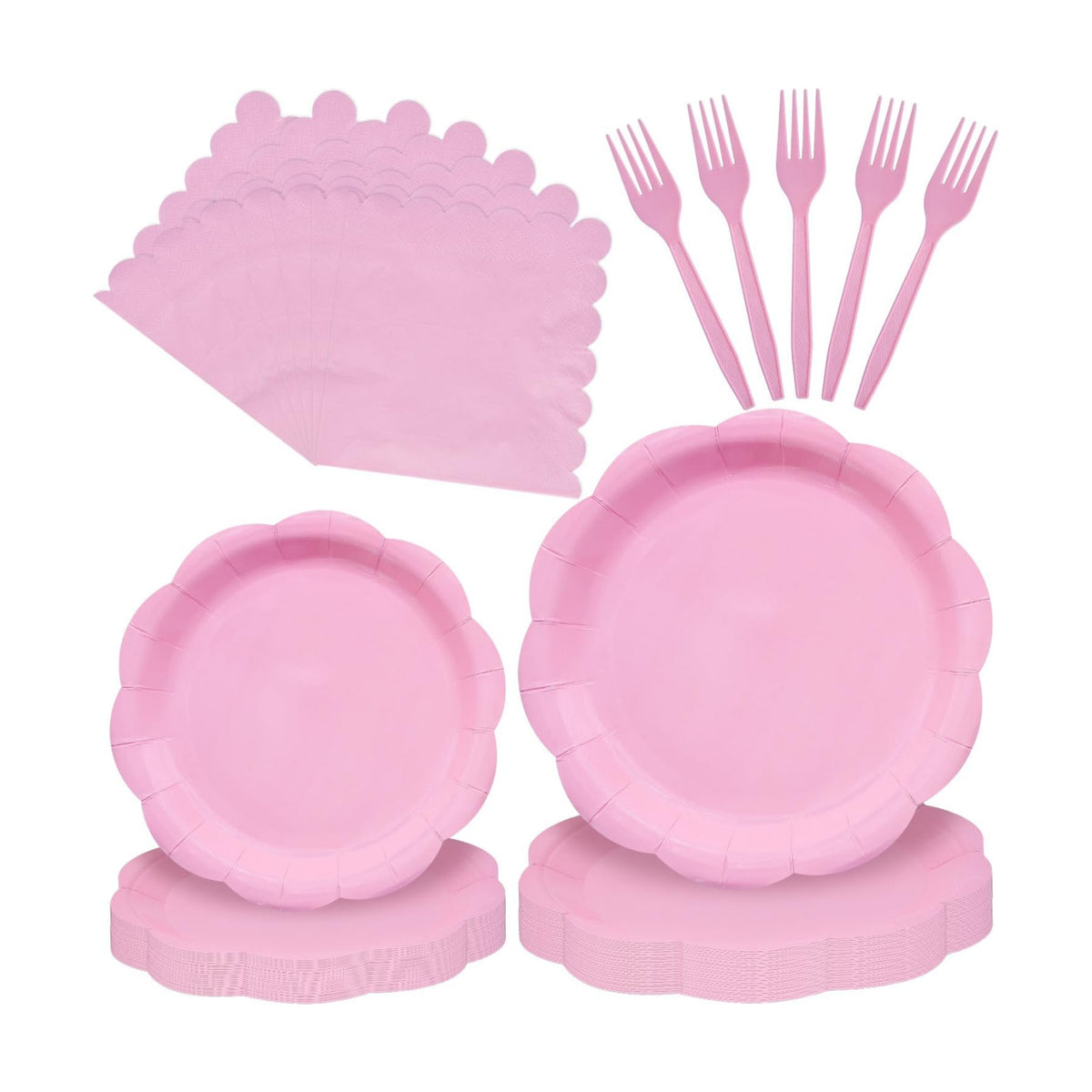 96 Pieces Pink Party Tableware Set – Scalloped Disposable Plates, Napkins and Forks, Solid Pink Party Supplies for Birthday, Baby Shower, Princess Party and Tea Party Decorations