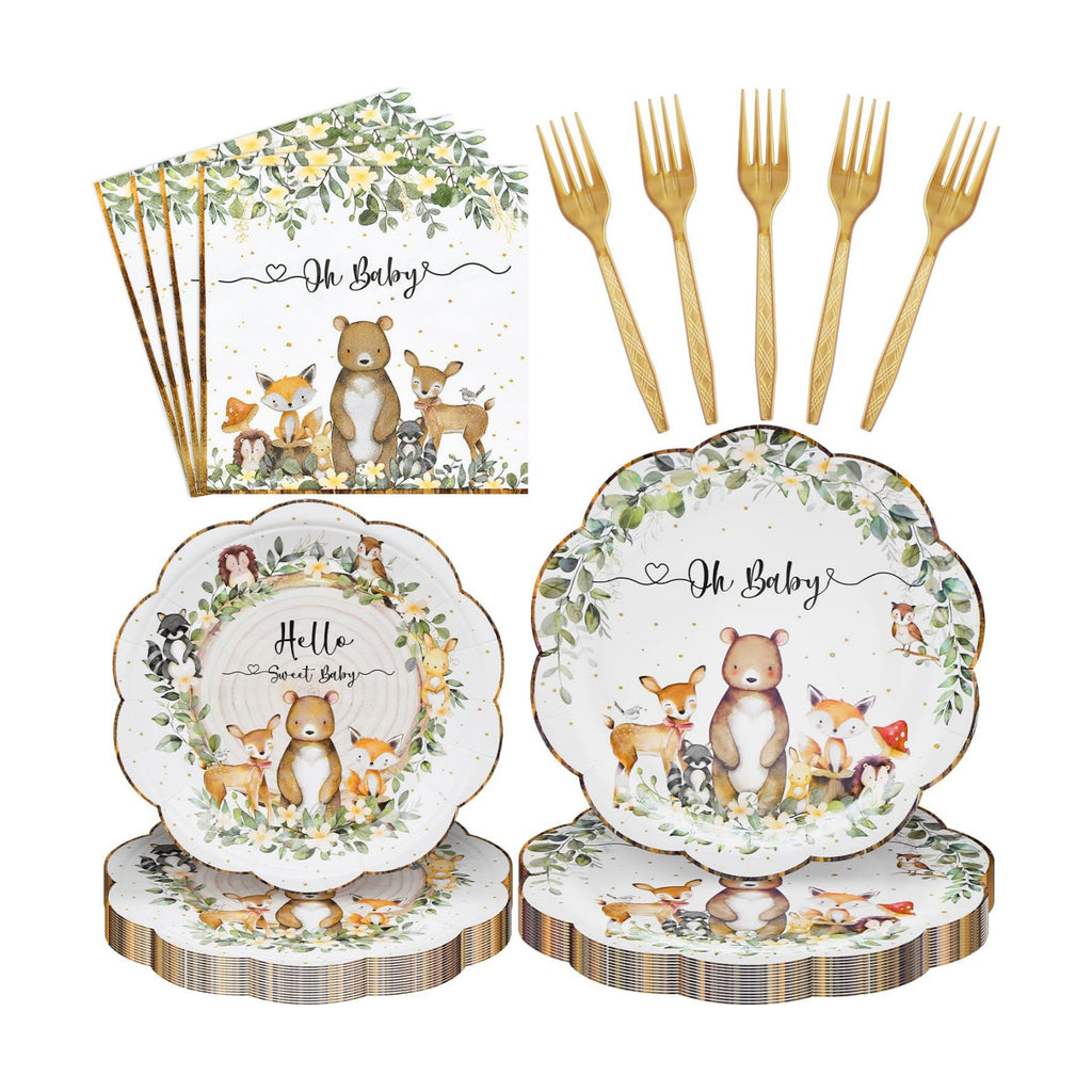 96 Pieces Woodland Baby Shower Tableware Set – Scalloped Forest Animal Disposable Dinnerware with Paper Plates, Napkins, and Forks for Gender Neutral Baby Showers and Birthday Parties – Serves 24