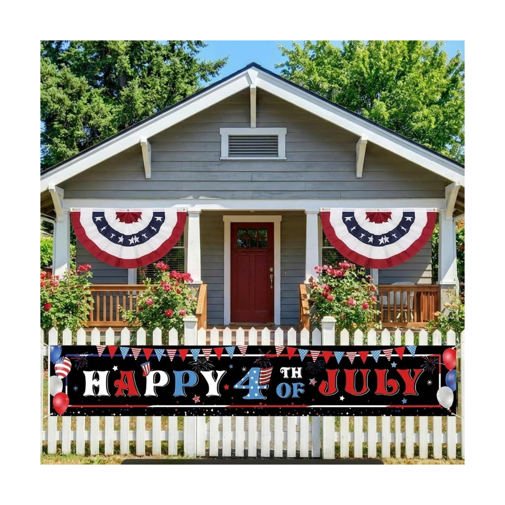 Tiamon 3 Pcs Patriotic Decorations 4th of July Banner with Bunting Fan Flags Red White and Blue Pleated Half Fan Banner American Flag Backdrop for Independence Memorial Day Party Supplies Outdoor