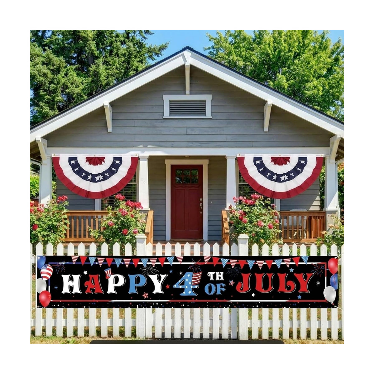 Tiamon 3 Pcs Patriotic Decorations 4th of July Banner with Bunting Fan Flags Red White and Blue Pleated Half Fan Banner American Flag Backdrop for Independence Memorial Day Party Supplies Outdoor