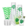 Whaline 50Pcs Tropical Palm Leaf Disposable Plastic Cups with Lids and Straws 12Oz Green Monstera Cold Beverage Drinking Cup for Summer Hawaiian Luau Birthday Party Supplies