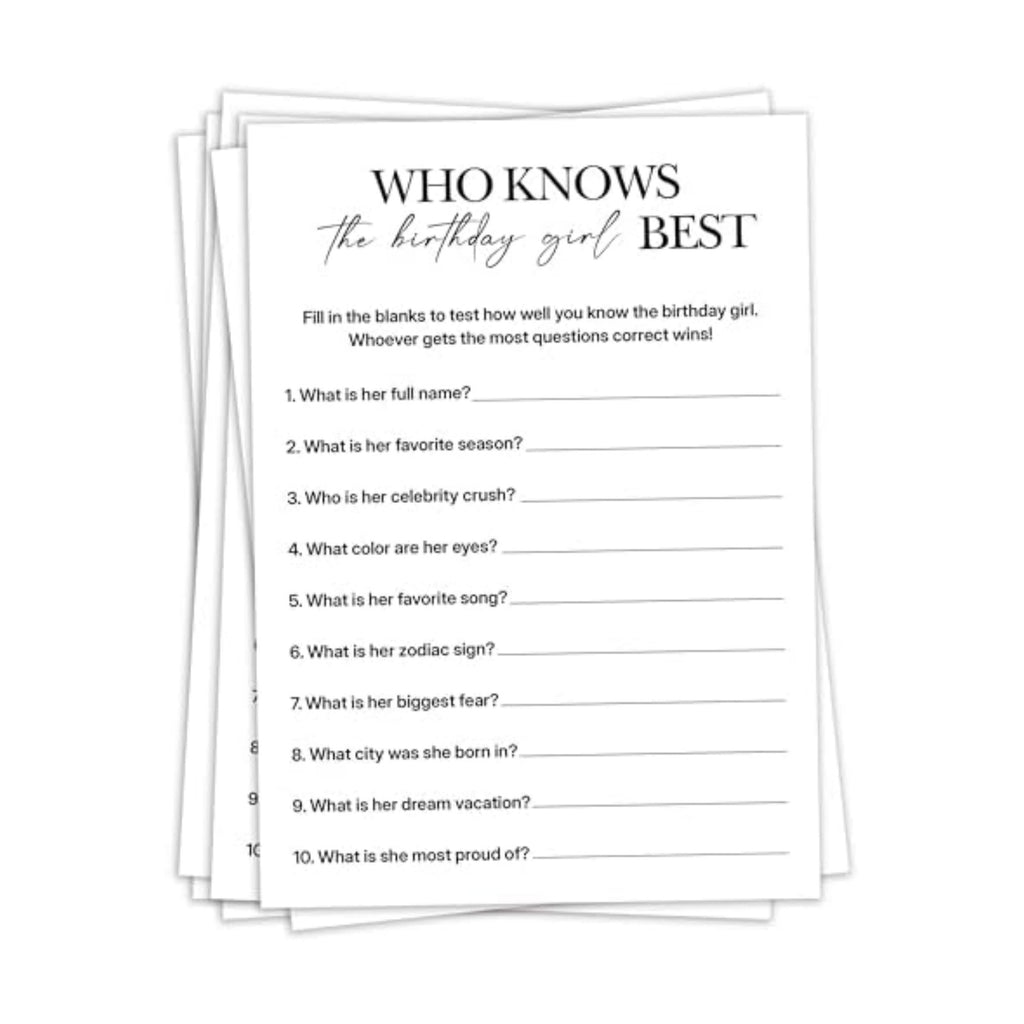 Birthday Party Games, Who Knows Her Best, 25 Pcs Card Set for Guests, Fun Birthday Game for Teen Adults – A05
