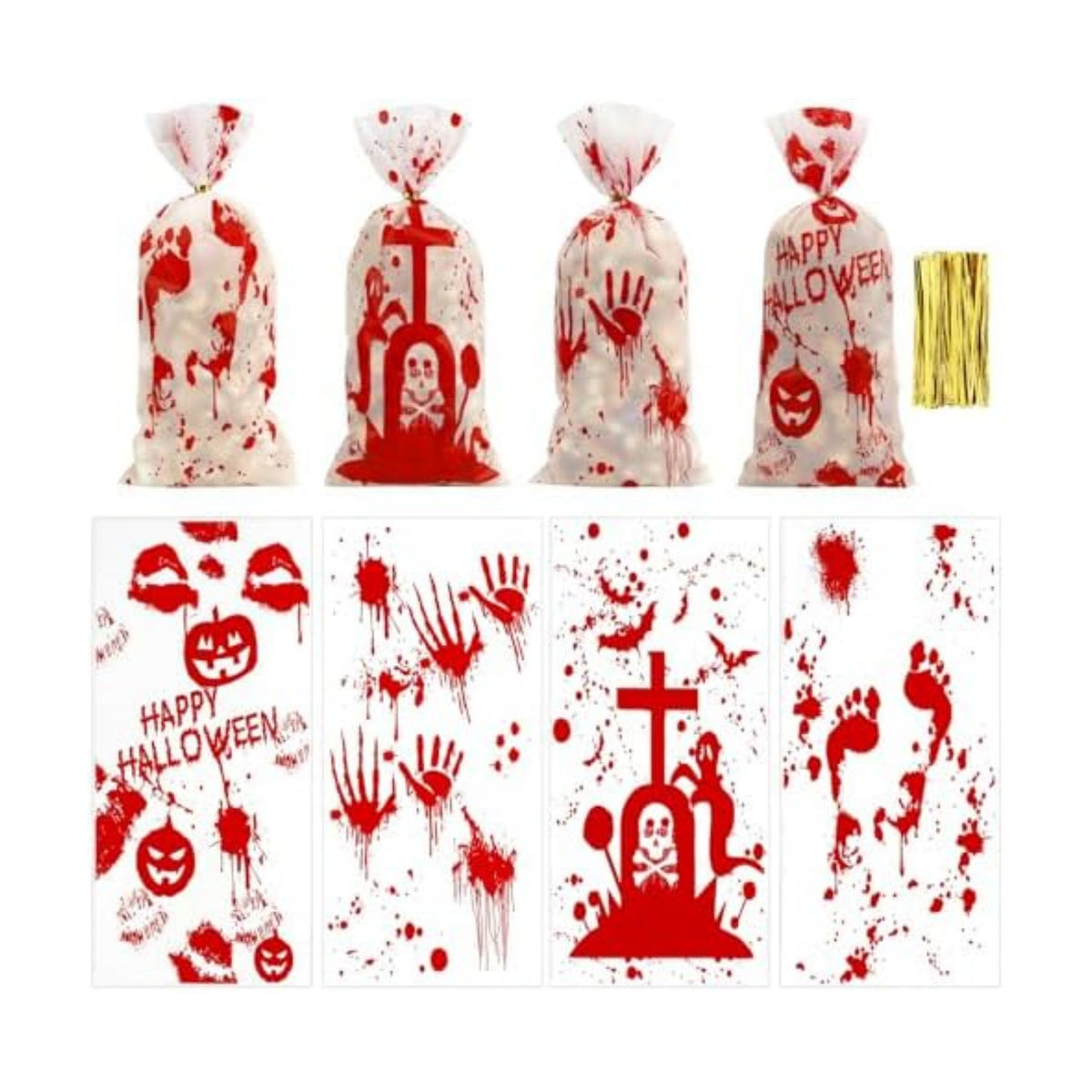 100 PCS Halloween Cellophane Treat Bags(5x11 Inch) with Ties Horror Ghost Blood Theme Trick or Treat Bag Goodie Candy Gifts Bags Pouches for Halloween Wicked Party Favors Supplies Birthday Decorations
