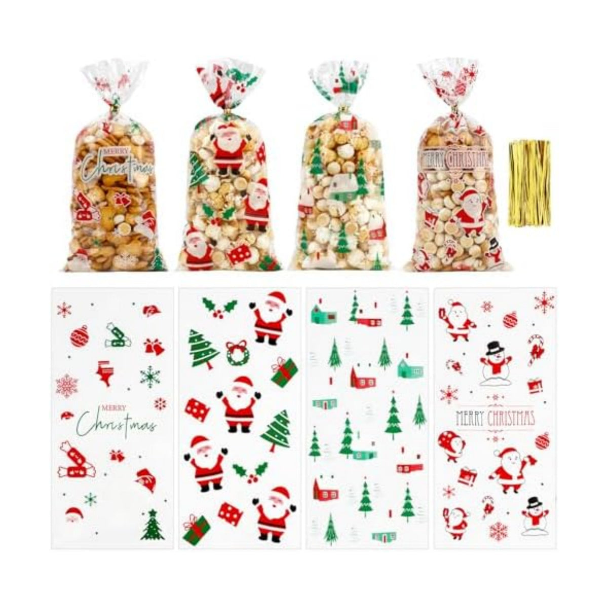 eowqeiur 100 PCS Christmas Cellophane Treat Bags(5x11 Inch) with Ties Plastic Santa Goodie Candy Cookie Loot Gifts Bags Bulk Pouches for Christmas Party Favors Supplies Decorations Holiday Xmas Decor