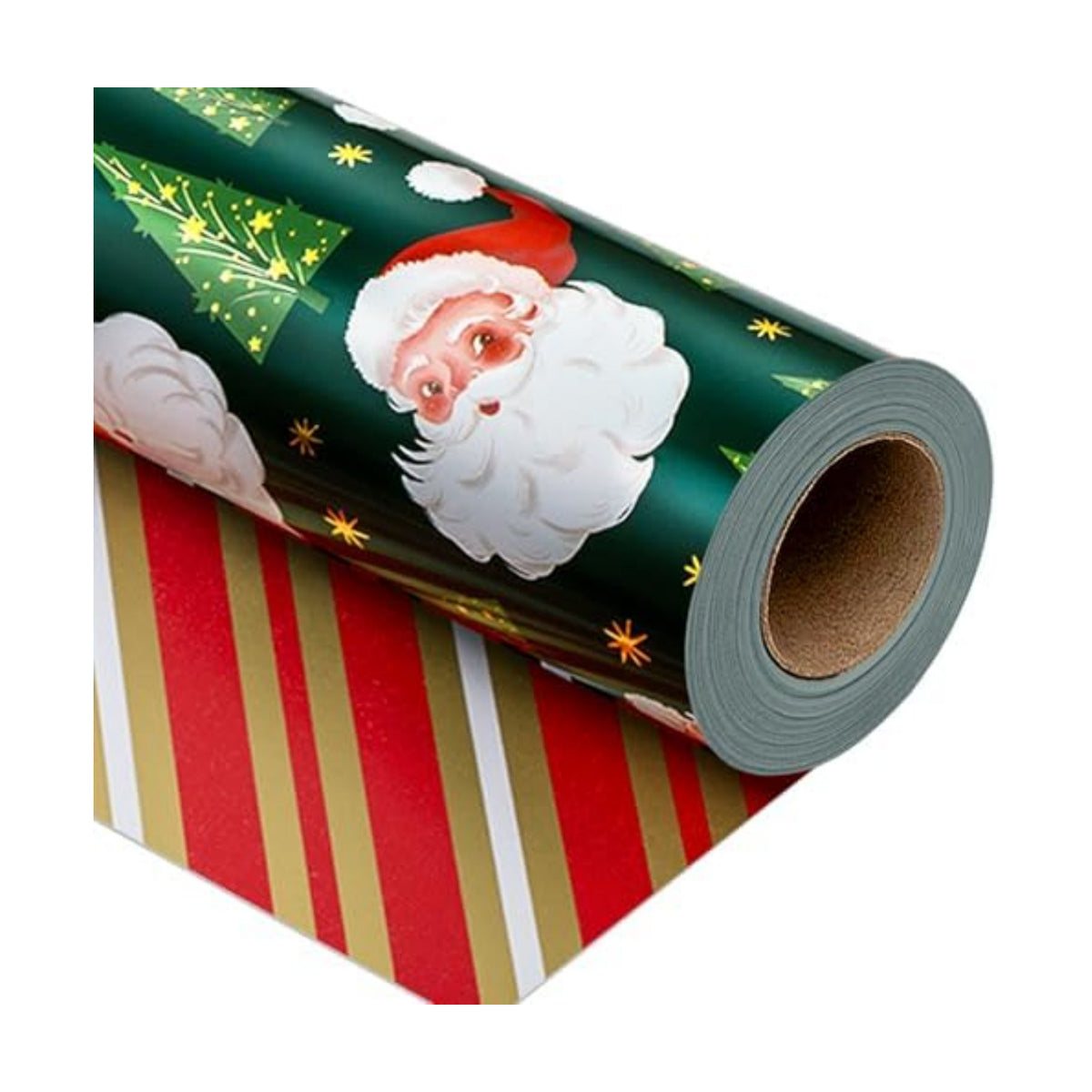 Yarcony Reversible Christmas Wrapping Paper, Green Santa Wrapping Paper, Funny Santa Claus, Tree, Stripe Pattern Christmas Gift Wrap With Metallic Foil Shine for Holiday (Mini Roll, 17 Inch X 33 Feet)