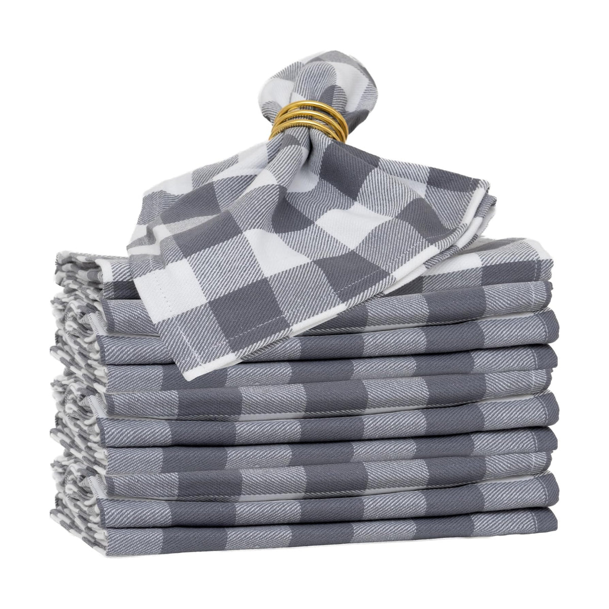 Gray Cloth Cotton Dinner Napkins - 100% Cotton, 12-Pack, 20"x20" Checkered Gingham Gray Cotton Napkins for Parties, Weddings, Baby Showers and Other Events - Plaid, Reusable and Washable