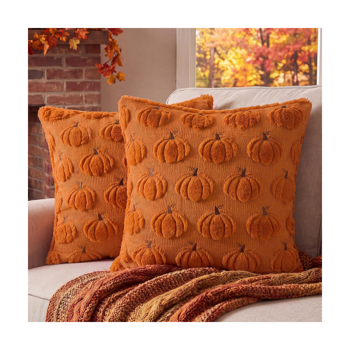Fall Throw Pillow Covers 16x16 Set of 2 Double-Sided Pumpkin Covers