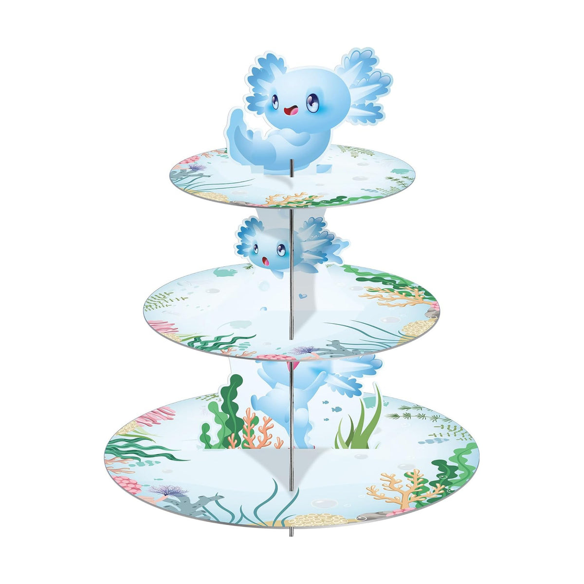 Axolotl Birthday Decorations Cupcake Stand, 3 Tier Cute Blue Cartoon Axolotl Cardboard Cupcake Display Stand Dessert Tower, Underwater Theme Party Supplies for Boys Girls