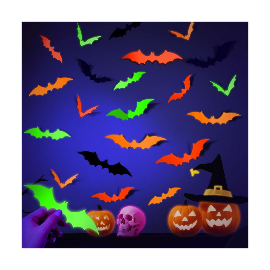 LOLStar Glow Halloween Bat Stickers, Neon Bat Wall Decals, 72PCS, 4 Sizes
