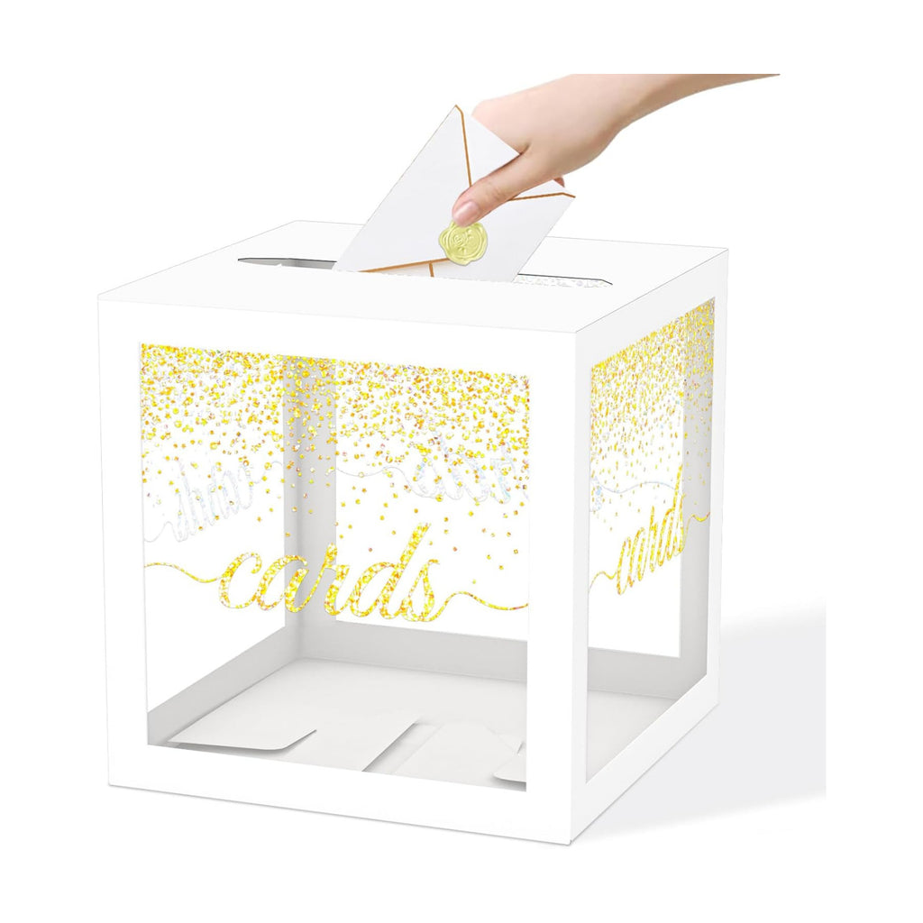 Clear White Card Box for Party, 8.7" Blinking Gold Foil Gift Cards Receiving Box Holder for Wedding, Bridal Shower, Graduation, Birthday, Retirement, Baby Shower, Anniversaries Party Decorations