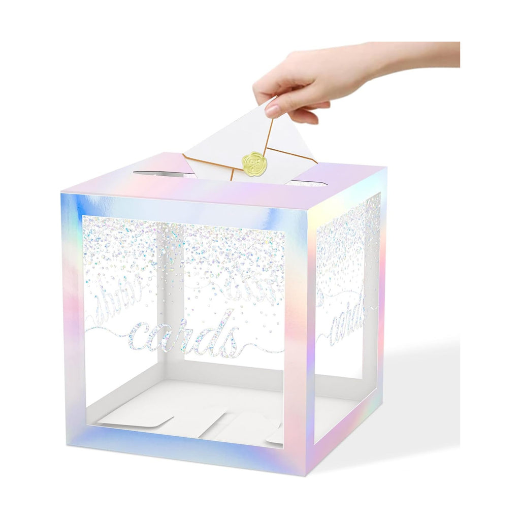 Clear Iridescent Card Box for Party, Blinking Silver Foil Gift Cards Receiving Box Holder for Wedding, Bridal Shower, Graduation, Birthday, Retirement, Baby Shower, Anniversaries Party Decorations