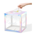 Clear Iridescent Card Box for Party, Blinking Silver Foil Gift Cards Receiving Box Holder for Wedding, Bridal Shower, Graduation, Birthday, Retirement, Baby Shower, Anniversaries Party Decorations