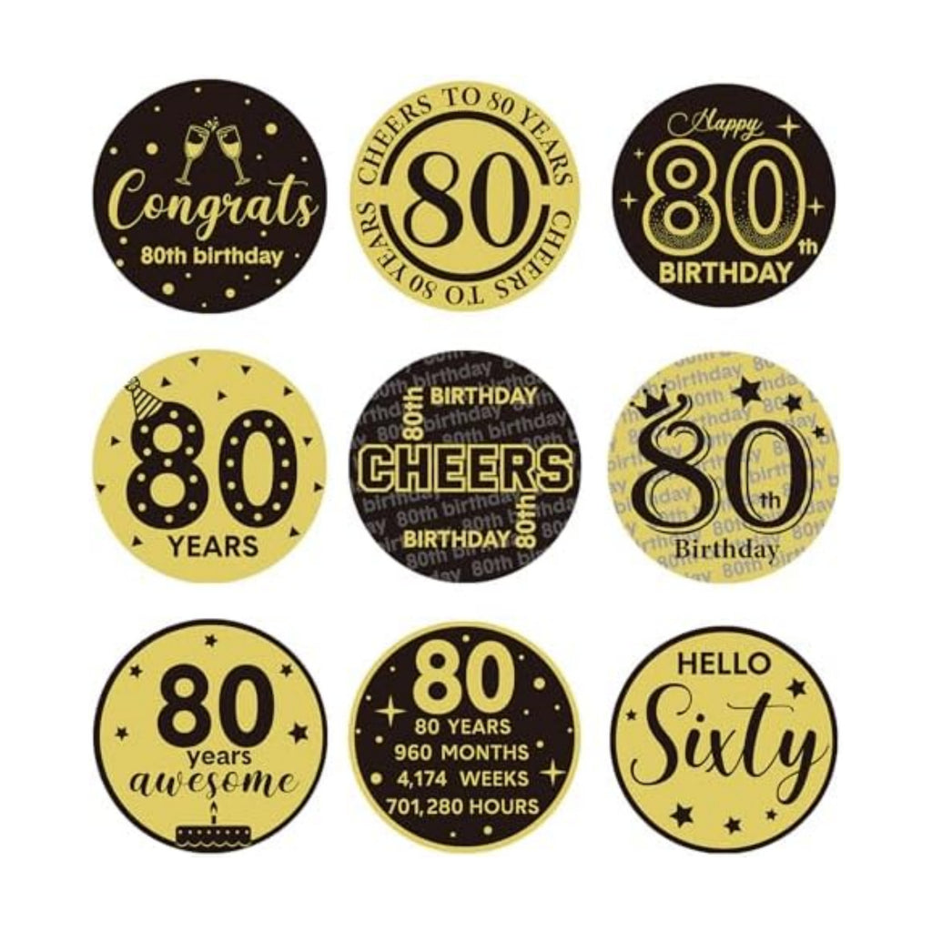 Tenare 504 Pcs 80th Birthday Stickers Black and Gold Party Favor Label Stickers Mini Chocolate Candy Wrappers for Anniversary Birthday Party Decoration