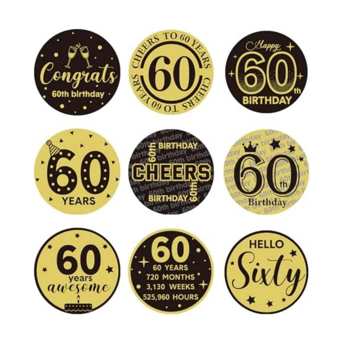 Tenare 504 Pcs 60th Birthday Stickers Black and Gold Party Favor Label Stickers Mini Chocolate Candy Wrappers for Anniversary Birthday Party Decoration