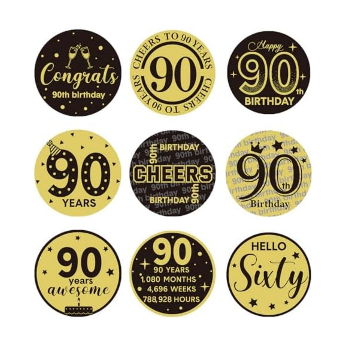 Tenare 504 Pcs 90th Birthday Stickers Black and Gold Party Favor Label Stickers Mini Chocolate Candy Wrappers for Anniversary Birthday Party Decoration