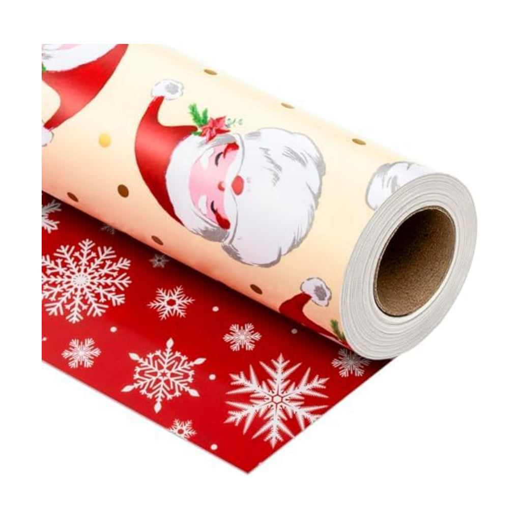 Yarcony Reversible Christmas Wrapping Paper, Santa Wrapping Paper, Cute Vintage Beige Santa Claus, Gold Dot and Snowflake Pattern Christmas Gift Wrap for Winter Holiday (Mini Roll, 17 Inch X 33 Feet)