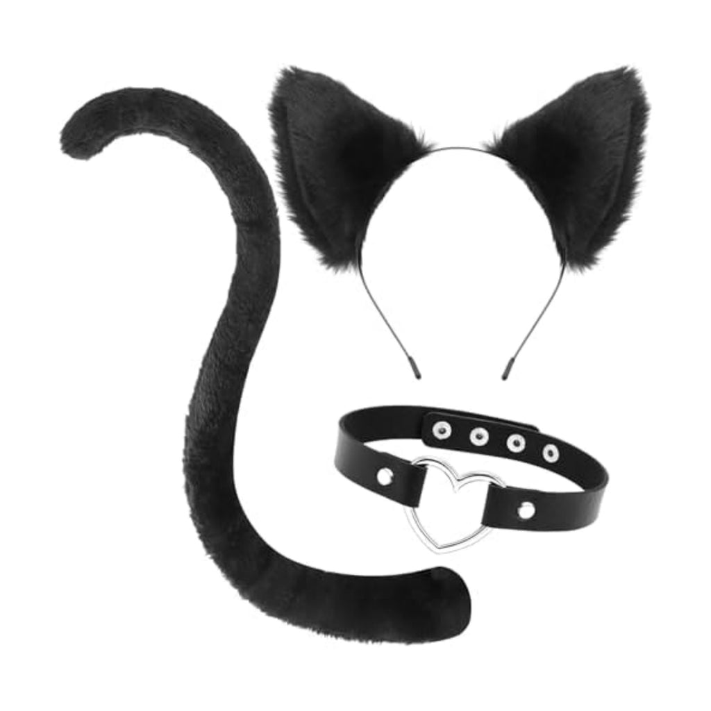 DRESHOW Cat Kitten Ears Headband Tail Heart Choker Necklace Costume Set for Women Halloween Cat Cosplay Costume Party Dress Accessories