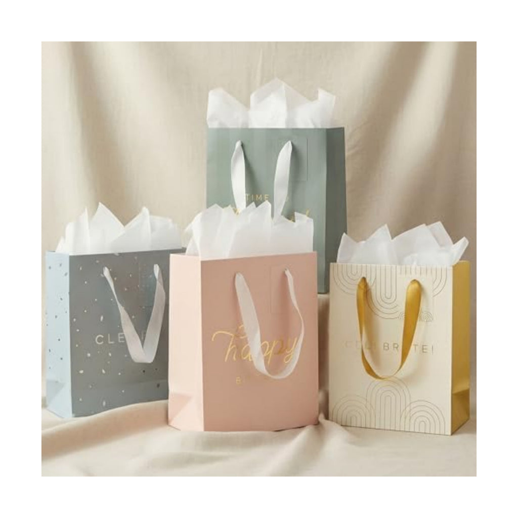 Beautiful Birthday Gift Bags Set of 4 with Tissue Paper, Cards & Stickers