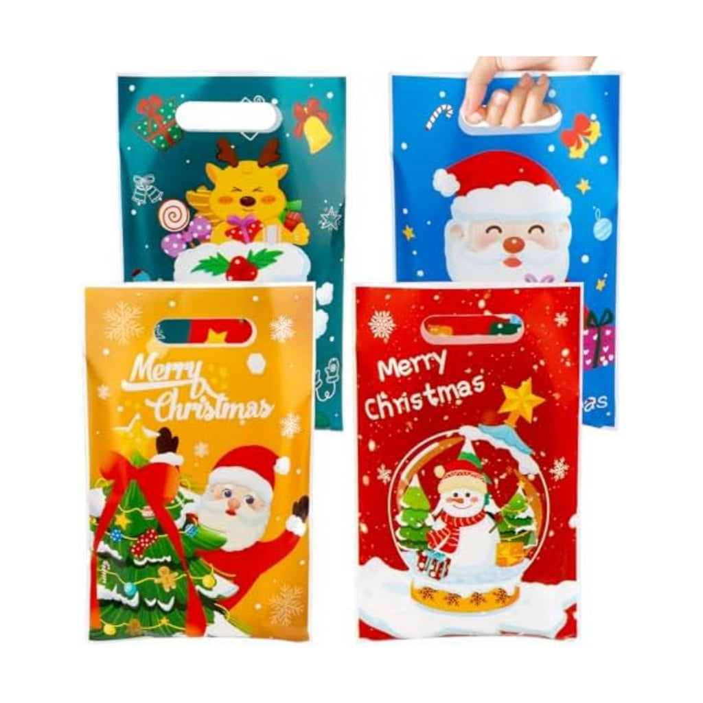 100 PCS Christmas Treat Bags with Handles, Christmas Goodie Bags, Xmas Gift Bag, Plastic Snowman Santa Claus Candy Goody Cookie Snack Bag Holiday Party Favor Bag for Xmas Winter Party Favor Supplies