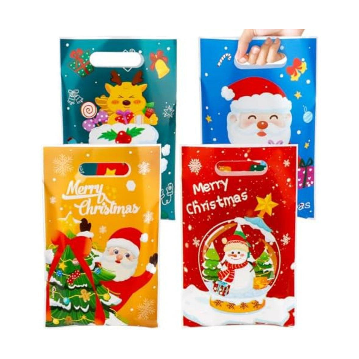 100 PCS Christmas Treat Bags with Handles, Christmas Goodie Bags, Xmas Gift Bag, Plastic Snowman Santa Claus Candy Goody Cookie Snack Bag Holiday Party Favor Bag for Xmas Winter Party Favor Supplies
