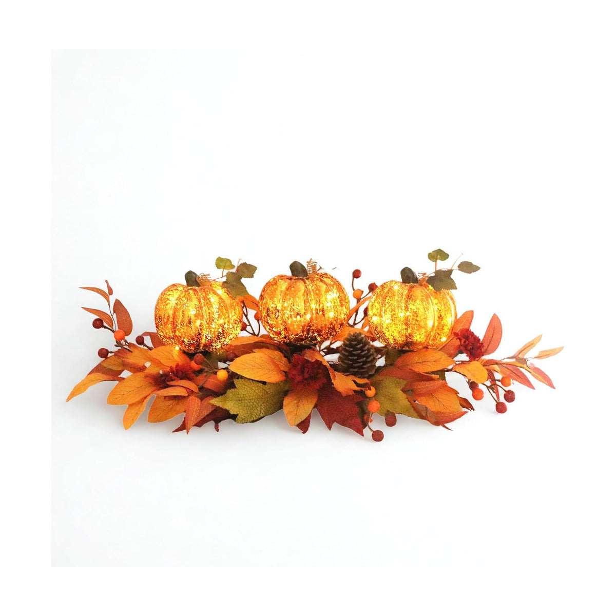 LED Lighted Pumpkin Fall Centerpiece with Maple Leaves, Berries & Pinecones - Battery Operated Thanksgiving Table Decor for Home, Mantel, or Dining