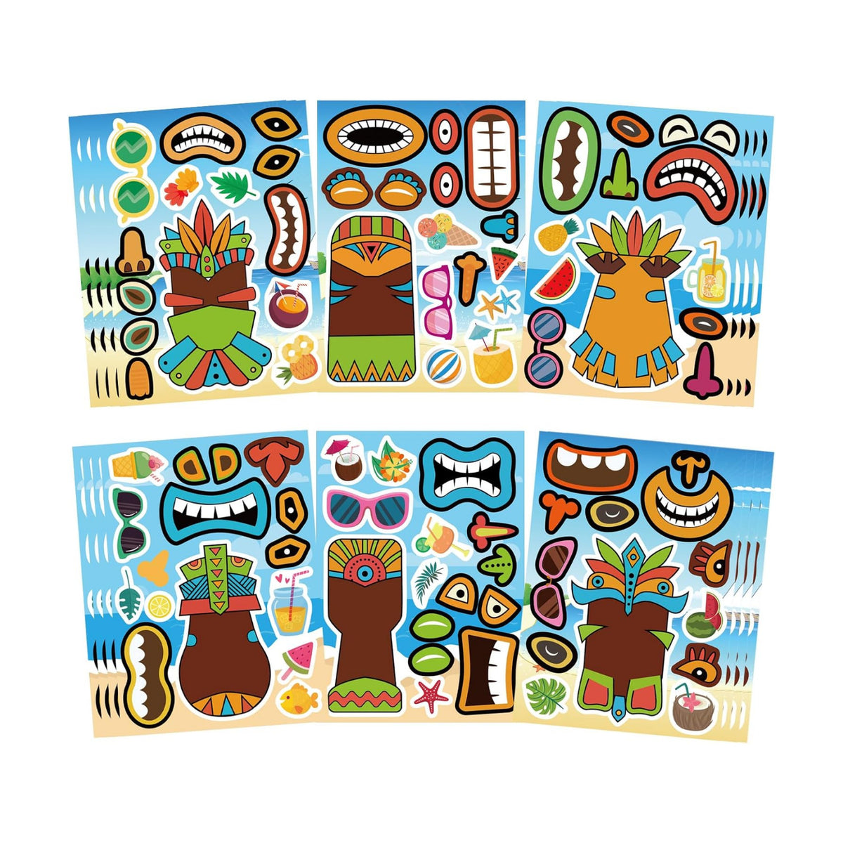 Summer Stickers, Make a Tiki Face Sticker, Tropical Hawaiian Stickers