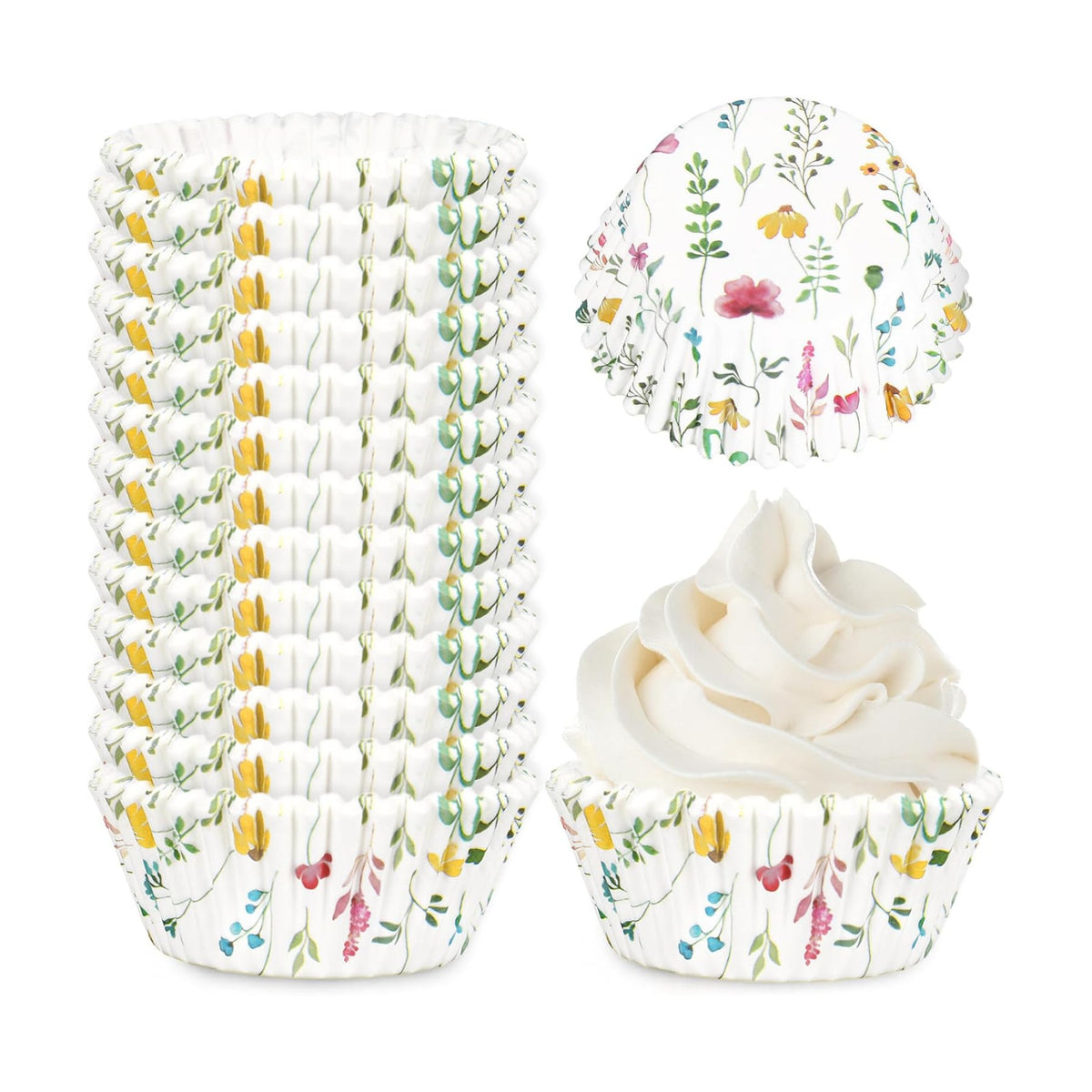 Whaline 300Pcs Floral Cupcake Liners Spring Flowers Paper Baking Cups Colorful Wildflower Muffin Liner Cupcake Wrappers for Baby Shower Bridal Shower Wedding Party Baking Supplies, 2 x 1.2 Inch