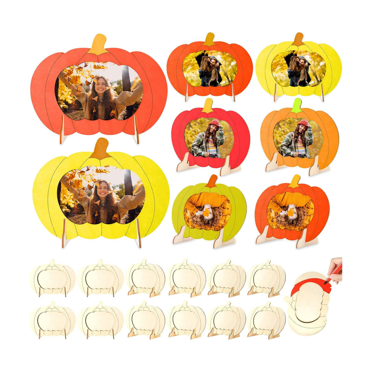 Geelin 12 Pack Wooden Pumpkin Photo Frames Classic, Fall Thanksgiving DIY