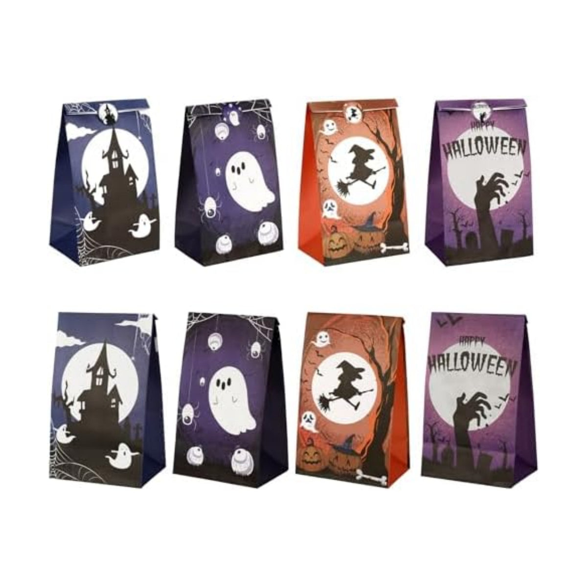 24 PCS Halloween Paper Bags with Stickers for Trick or Treat Snack Goodie Candy Gift Wrap Halloween Ghost Castle Spider Bat Witch Pouch Horror Theme Birthday Party Favors Supplies Decorations