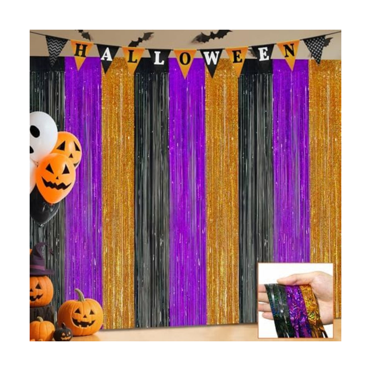 Halloween Party Decorations, 3 Pack Glittery Halloween Foil Fringe Curtains 3.3 X 6.6 ft, Orange Purple Black Tinsel Party Backdrop Photo Booth Props Streamers Birthday Party Supplies