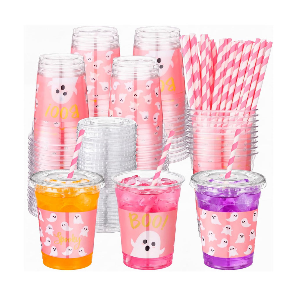Jingmore 50 Pcs Pink Halloween Ghost Plastic Clear Cups with Lids Straws