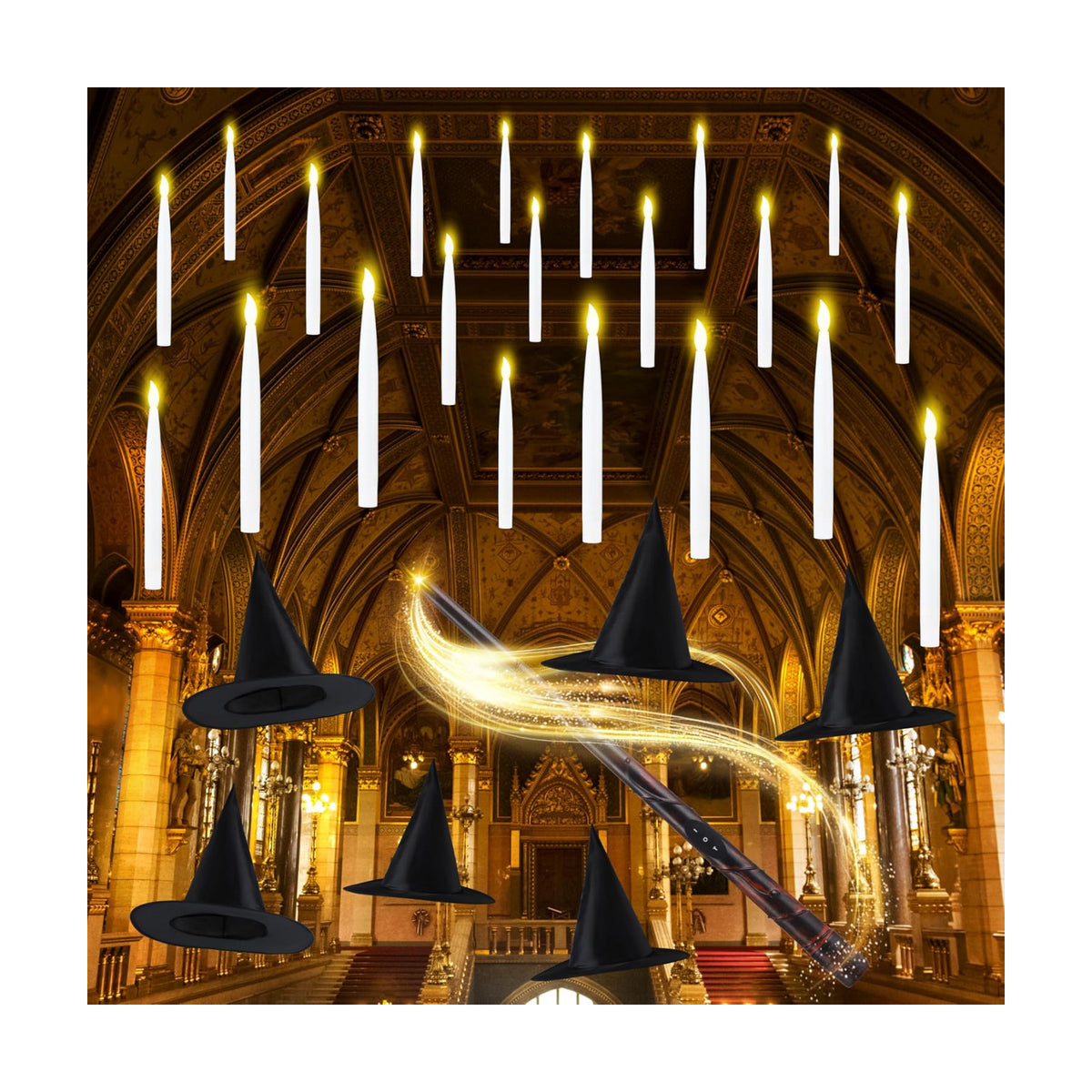 JOYIN 20Pcs Halloween Floating Candles and Witch Hat Light Up with Wand Remote Set Magic Hanging Candles and Wizard Hat with 2 Light Mode and Timer for Halloween Window Ceiling Porch Theme Party Decor