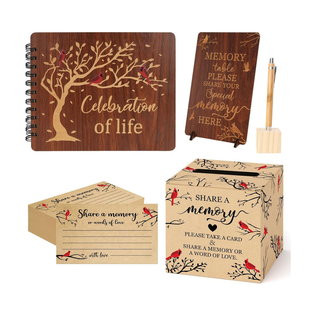 Wooden Funeral Guest Book for Memorial Service Celebration of Life Decorations Memory Guestbook Set with Share A Memory Card Cards Box,Pen and Holder, Table Sign, Memory Registry Album