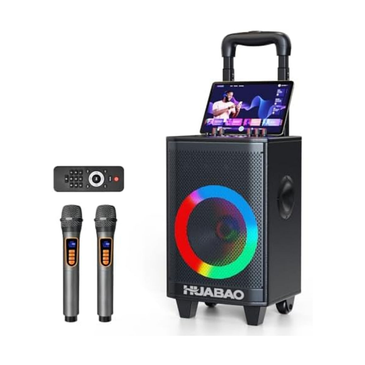 Portable Karaoke Machine with 2 Wireless Microphones, Bluetooth Speaker with Lights and Trolley Wheels, 6600mAh Rechargeable PA System, FM/AUX/USB/TF, Remote, Bass/Treble/Echo Adjust, Ideal for Party