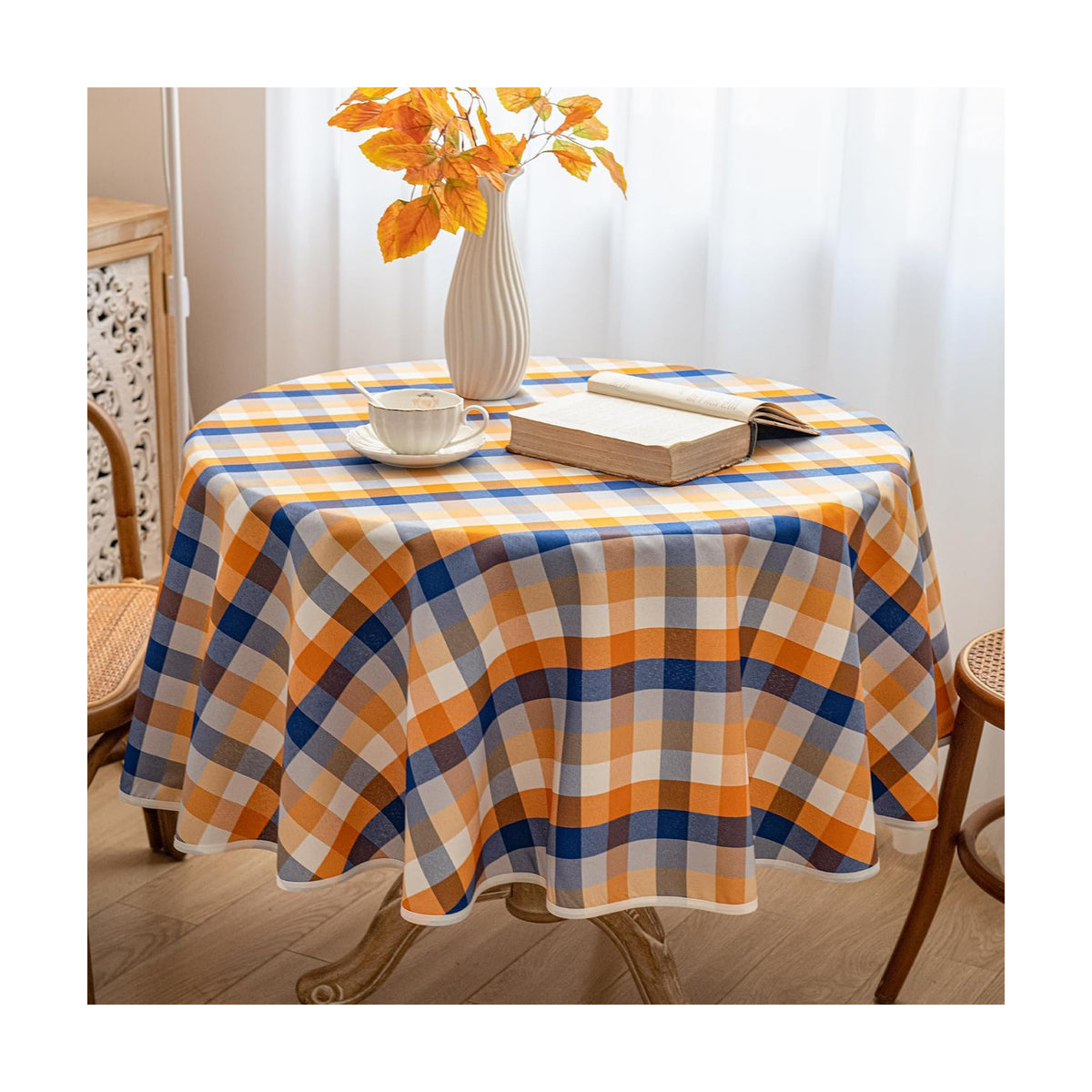 Fall Plaid Waterproof Tablecloth – Orange, Blue & White Check Pattern – Thanksgiving Harvest Table Cover, Stain-Resistant & Durable, 60" Round
