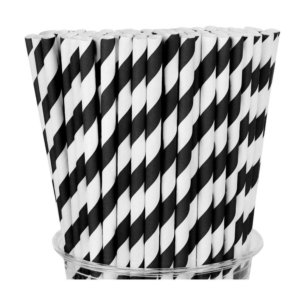 100 Packs Black Biodegradable Striped Paper Straws, Disposable Drinking Straws for Birthday Carnival Summer Pool Party Wedding Baby Shower Halloween Christmas Party Decoration Supplies