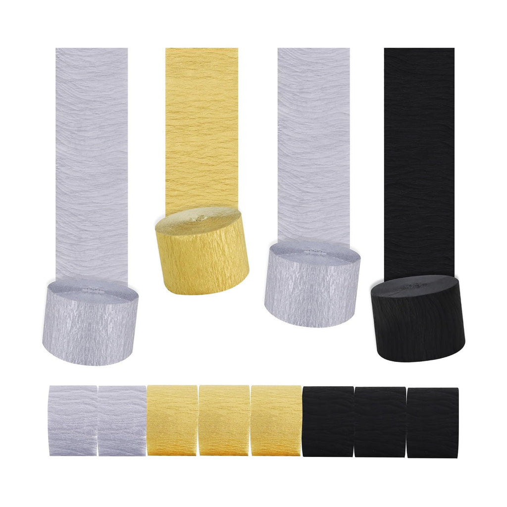 BEISHIDA 8 Rolls Black Gold Silver Crepe Paper Streamers for Graduation Birthday Newyear Party Decorations, DIY Craft Paper(1.8 Inch x 82 Ft/Roll)