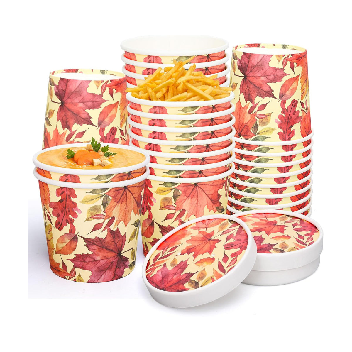 FYSUIMU 50Pcs 12Oz Fall Maple Leaf Kraft Paper Soup Containers with Lids Autumn Paper Food Bows Disposable Cups for Thanksgiving Party Storing Food Carrying Out