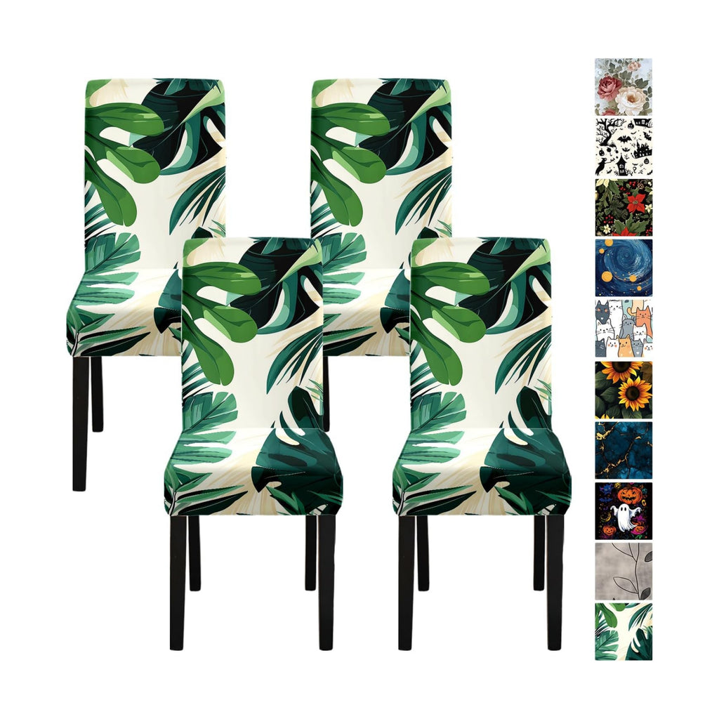 Tropical Leaf Chair Covers for Dining Room – Stretch Removable Washable Seat Slipcovers for Kitchen, Banquet, Wedding, Party – Modern Botanical Green Plant Print Decor,Set of 4