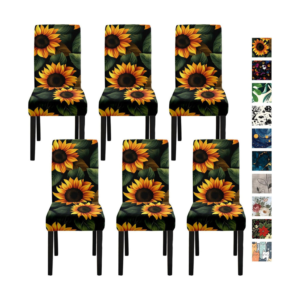 Sunflower Chair Covers for Dining Room – Stretch Floral Slipcovers with Bright Yellow Sunflowers on Dark Background – Washable Decorative Seat Protectors for Kitchen, Summer, Farmhouse Decor,Set of 6