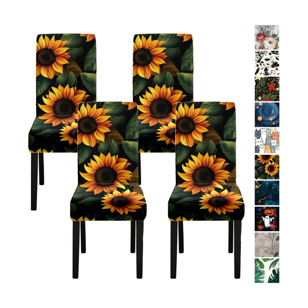 Sunflower Chair Covers for Dining Room – Stretch Floral Slipcovers with Bright Yellow Sunflowers on Dark Background – Washable Decorative Seat Protectors for Kitchen, Summer, Farmhouse Decor,Set of 4