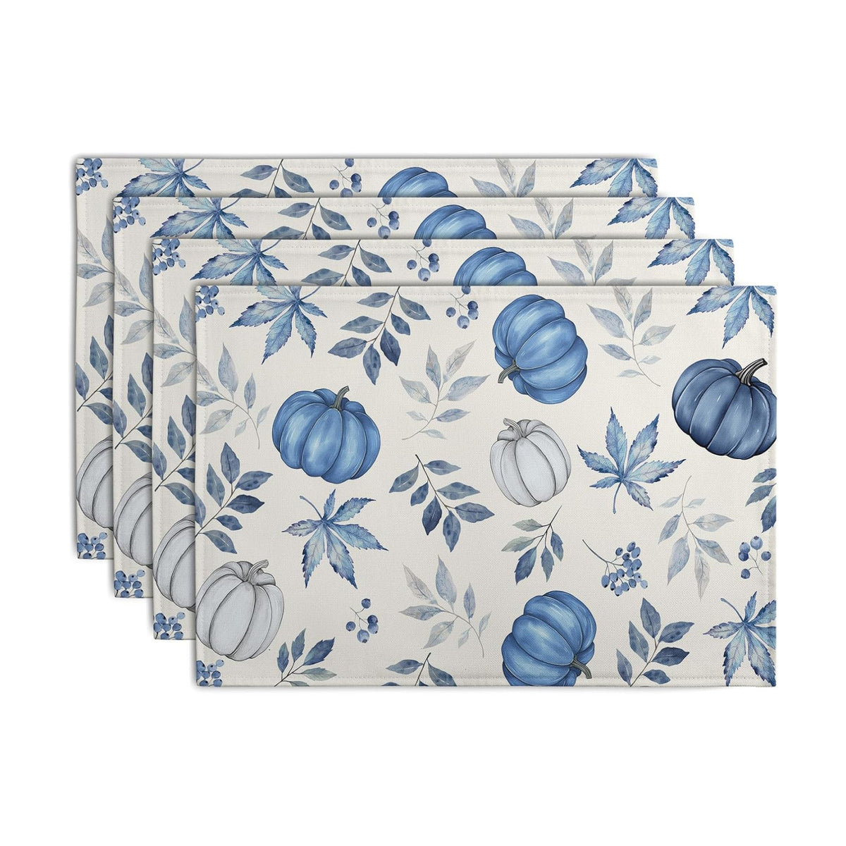 Blue Pumpkin Maple Leaves Fall Placemats Set of 4 Autumn Thanksgiving Harvest Linen Place Mat Non Slip Heat Resistant Washable Table Mats for Party Kitchen Dining Decoration