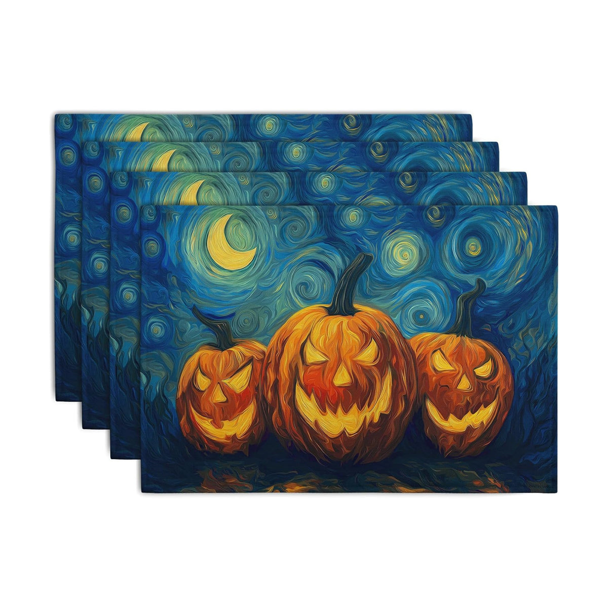 Halloween Placemats Set of 4 Pumpkin Vincent Van Gogh Starry Night Art Linen Table Mats 12x18 Inch Jack O Lantern Farmhouse Place Mats for Party Kitchen Dining Outdoor Indoor Decor