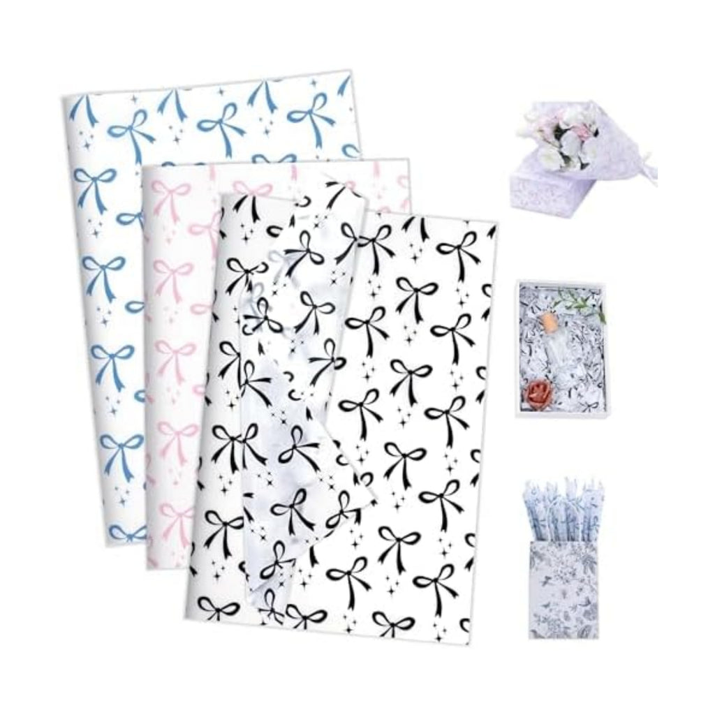 Larcenciel Bow Gift Wrapping Tissue Paper, Coquette Bow Pattern in Blue Pink Black, Pretty Tissue Paper for Gift Bags Craft Art Packaging Supplies for Birthday Wedding Holiday Decor, 60 Sheets 20x14in