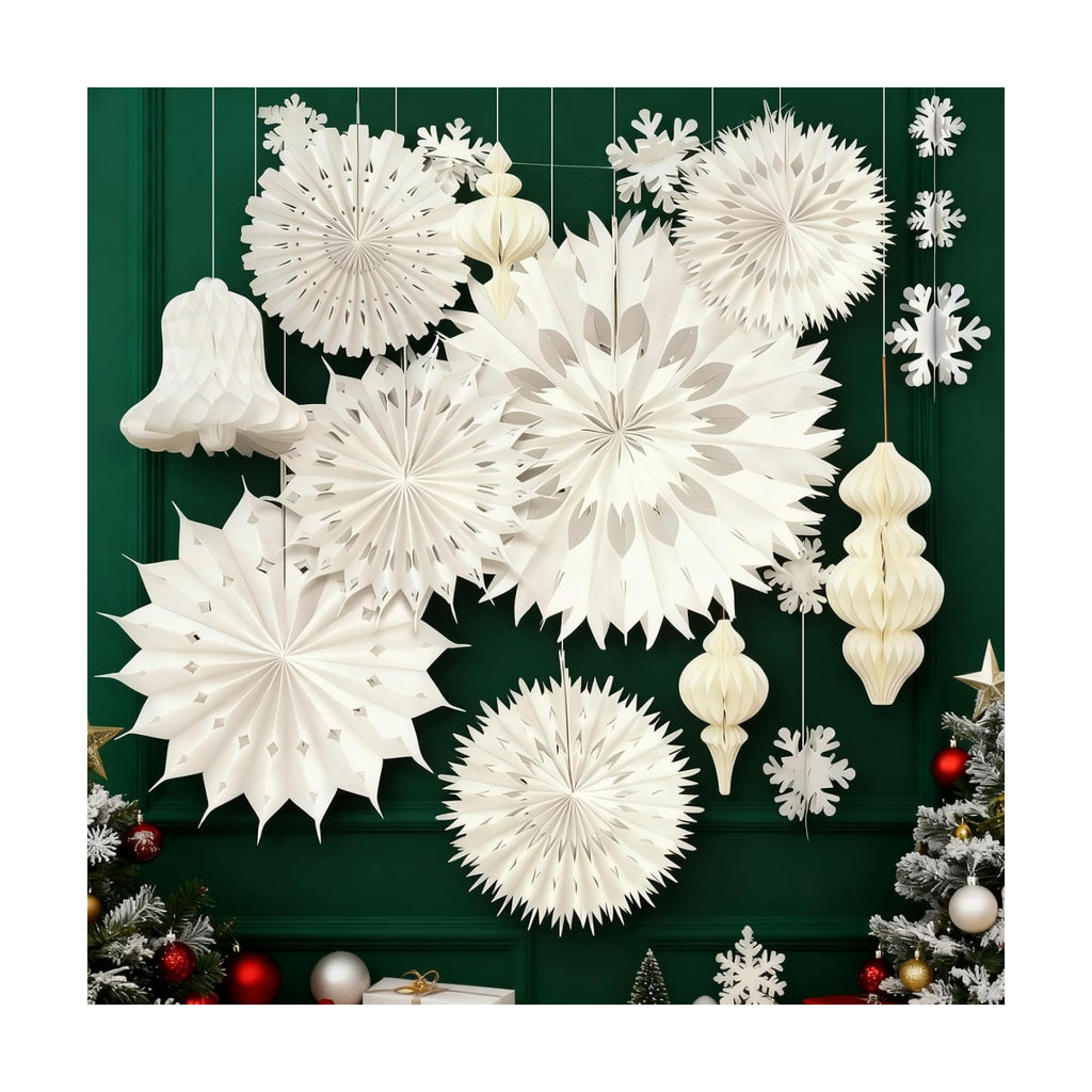 White Christmas Hanging Decorations Set, 3D Paper Honeycomb Ornaments Decorative Honeycomb Bell Lanterns with Lights, Paper Snowflake Fans Garlands for Xmas Tree Winter Wonderland Holiday Party Decor