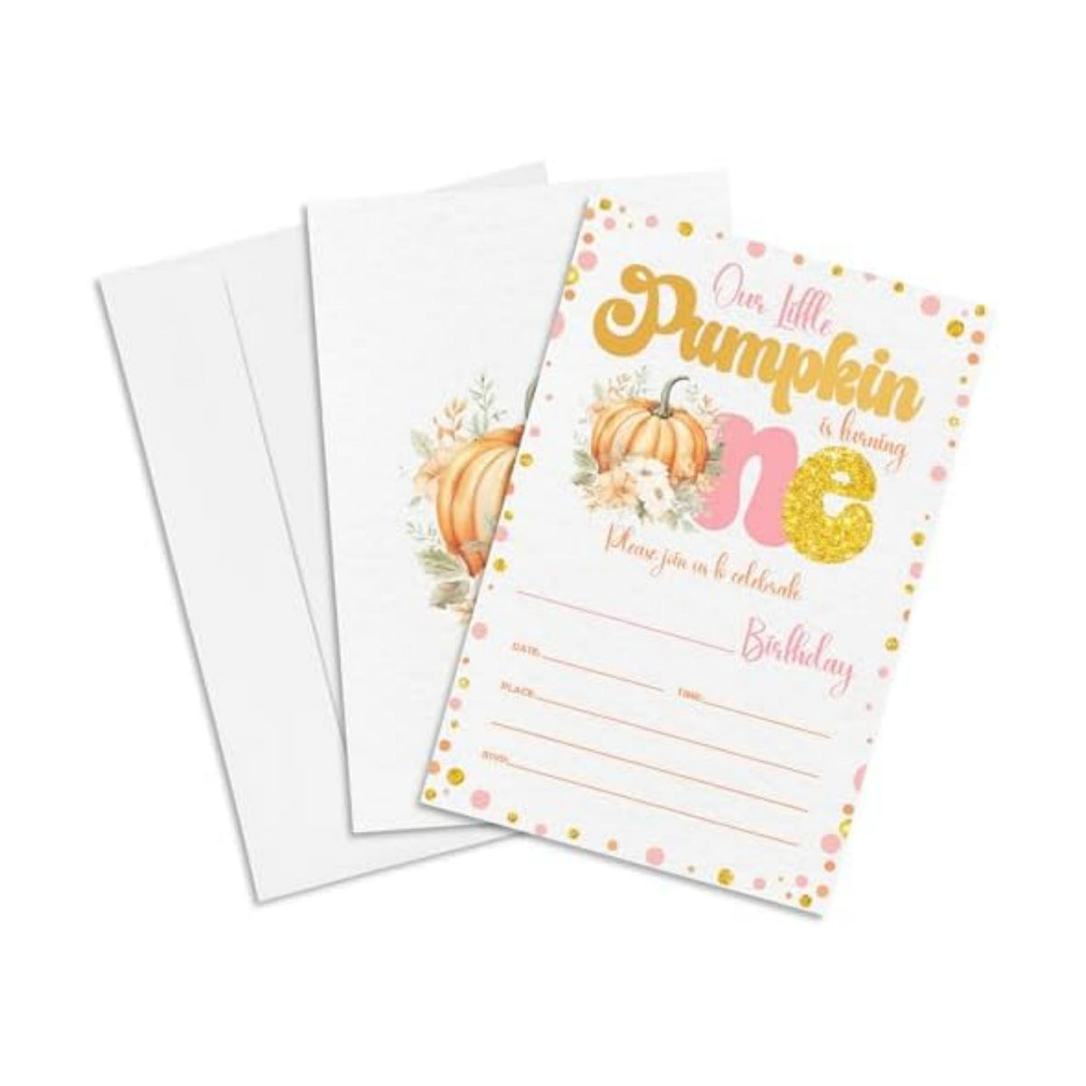 Fall 1st Birthday Invitations - 20 Pumpkin Invites With Envelopes For Baby Boys Girls, Our Little Pumpkin Invitations, Thanksgiving Birthday Party Supplies Decor-A08