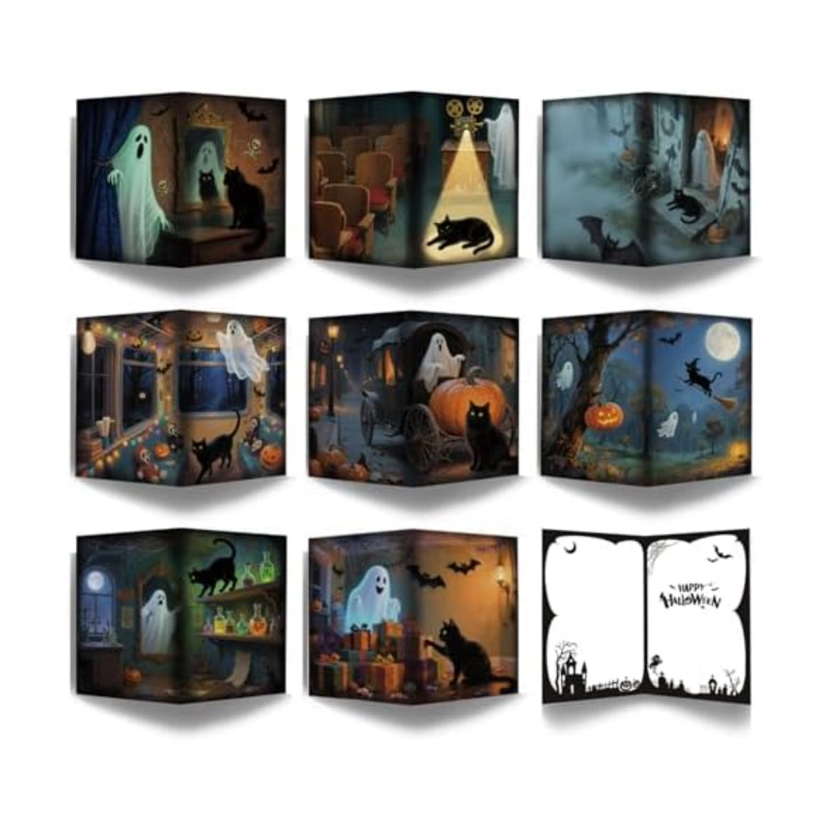 SuperShunhu 24 Pack Black Cat & Ghost Themed Halloween Card Set, Boxed Halloween Cards for Friends and Family, Spooky Blank Note Cards with Cats and Ghosts, 4 * 6 in
