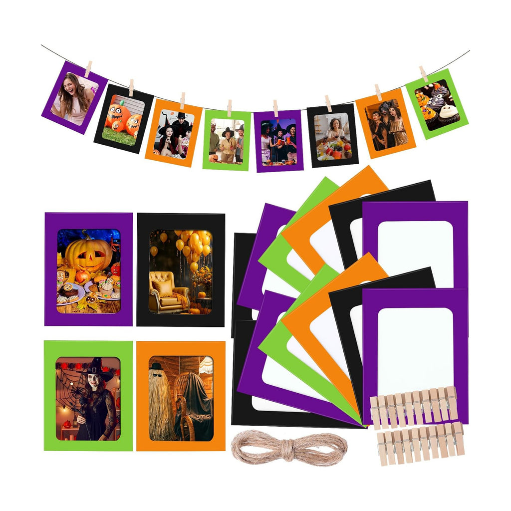 100 Pcs Halloween Paper Photo Frames 4x6 Orange Black Purple Green Paper Frame with 100 Clip 10 String Kit DIY Hanging Cardboard Photo Holder Halloween Wall Decor Wedding Home