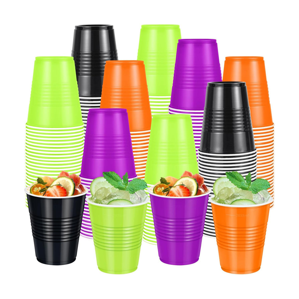 100 Pcs Halloween Plastic Cups 12 oz, Bulk Black Orange Purple and Green Disposable Party Graduation Cups for Graduation Halloween Wedding Birthday Christmas Theme Party Supplies Decorations